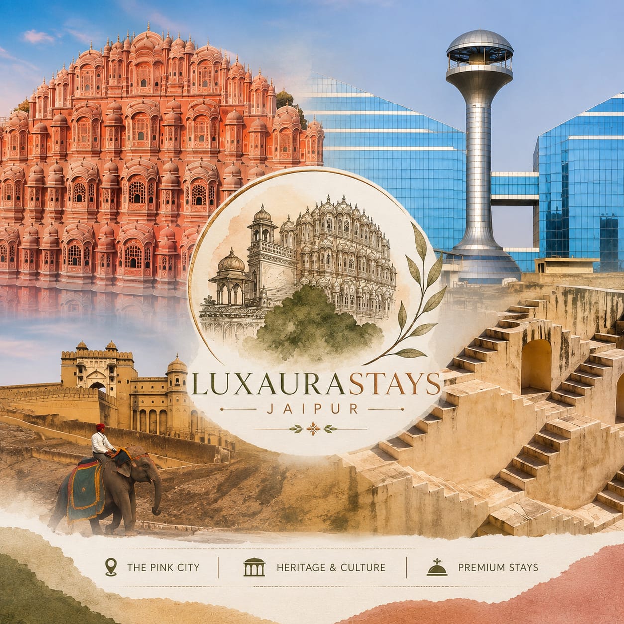 Aerial view of Jaipur at golden hour — terracotta rooftops, wide tree-lined boulevards, and the Aravalli hills in the distance, warm amber light