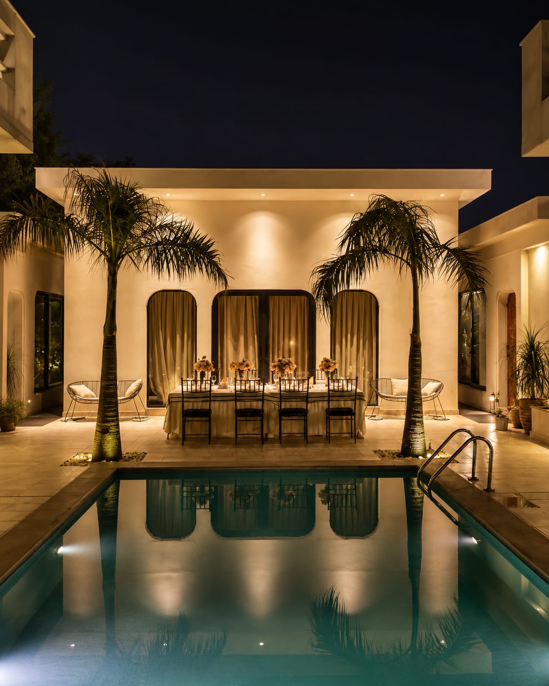 Premium contemporary apartment stay in Jaipur — a sunlit open-plan living room with floor-to-ceiling glass doors opening onto a private pool terrace, warm stone finishes, elegant modern furniture with subtle Rajasthani craft accents, lush greenery, sophisticated and serene atmosphere