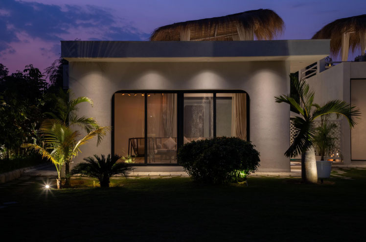 Large house with a thatched roof and a palm tree in front of it