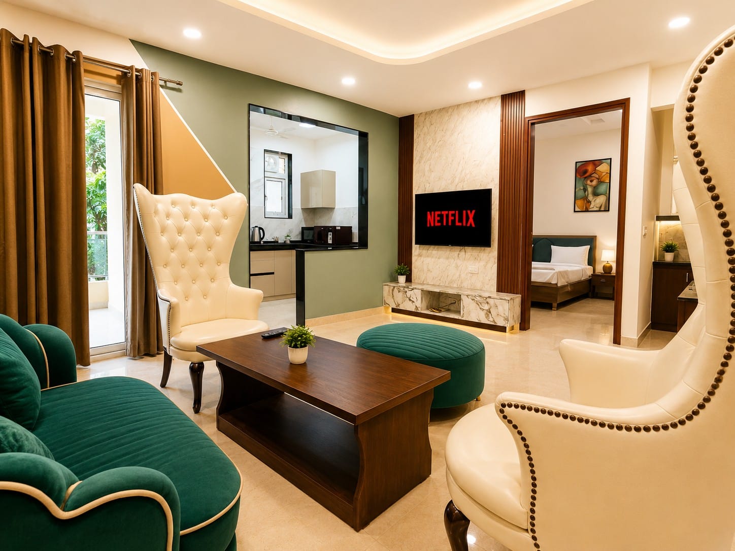 Fully equipped home-like apartment in Jaipur with a kitchen, comfortable living area, warm natural light, designed for extended stays